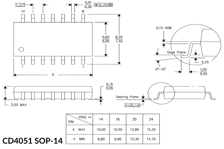 CD4051 2D Model and Dimensions 